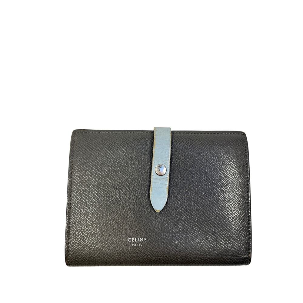 Celine Vintage Wallet Gray Leather Snap Strap Medium Wallet Blue Interior Italy